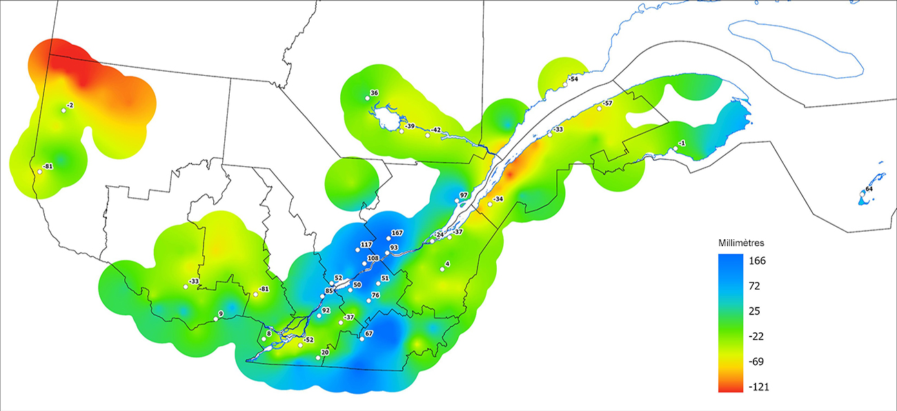 Ce graphique provient du site Agrométéo Québec. Il présente les précipitations (mm) à partir du premier avril. Pour obtenir des informations plus précises, visitez le site d'Agrométéo Québec à partir du lien suivant ce graphique.