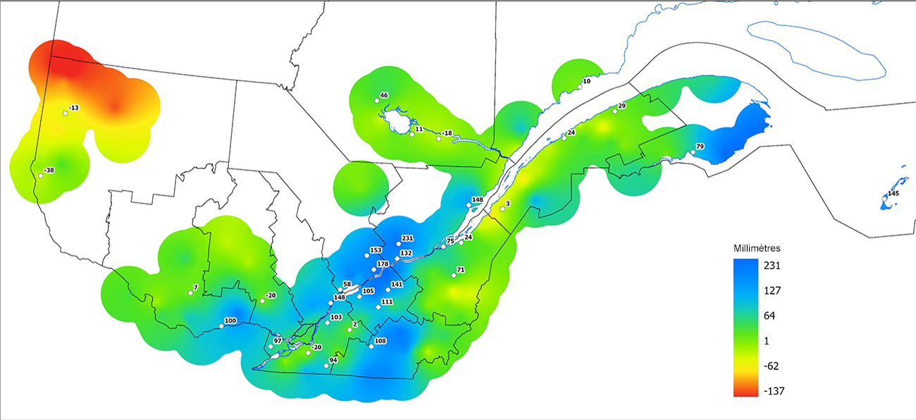 Ce graphique provient du site Agrométéo Québec. Il présente les précipitations (mm) à partir du premier avril. Pour obtenir des informations plus précises, visitez le site d'Agrométéo Québec à partir du lien suivant ce graphique.