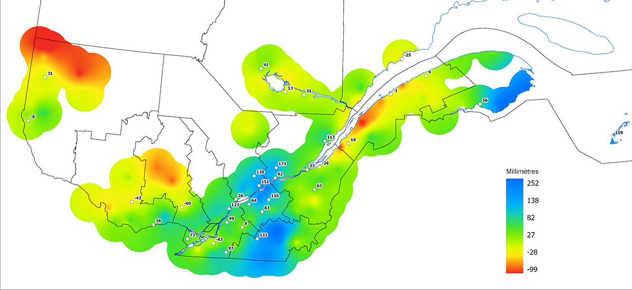 Ce graphique provient du site Agrométéo Québec. Il présente les précipitations (mm) à partir du premier avril. Pour obtenir des informations plus précises, visitez le site d'Agrométéo Québec à partir du lien suivant ce graphique.