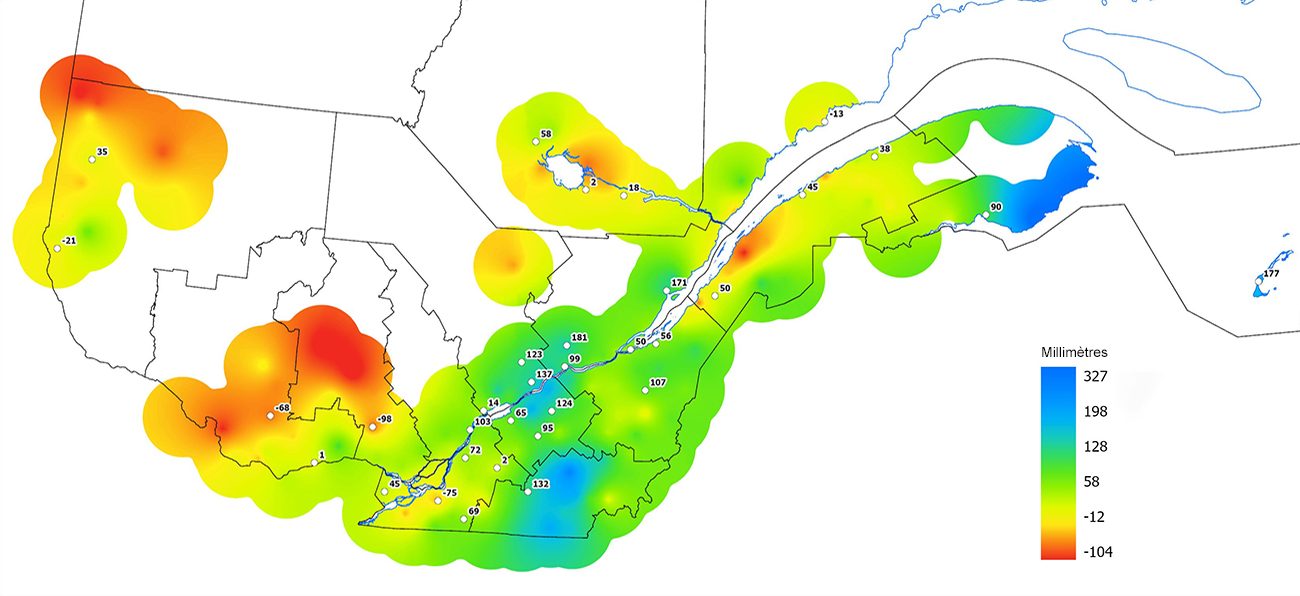 Ce graphique provient du site Agrométéo Québec. Il présente les précipitations (mm) à partir du premier avril. Pour obtenir des informations plus précises, visitez le site d'Agrométéo Québec à partir du lien suivant ce graphique.