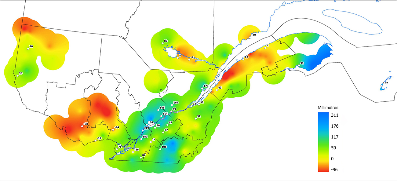 Ce graphique provient du site Agrométéo Québec. Il présente les précipitations (mm) à partir du premier avril. Pour obtenir des informations plus précises, visitez le site d'Agrométéo Québec à partir du lien suivant ce graphique.