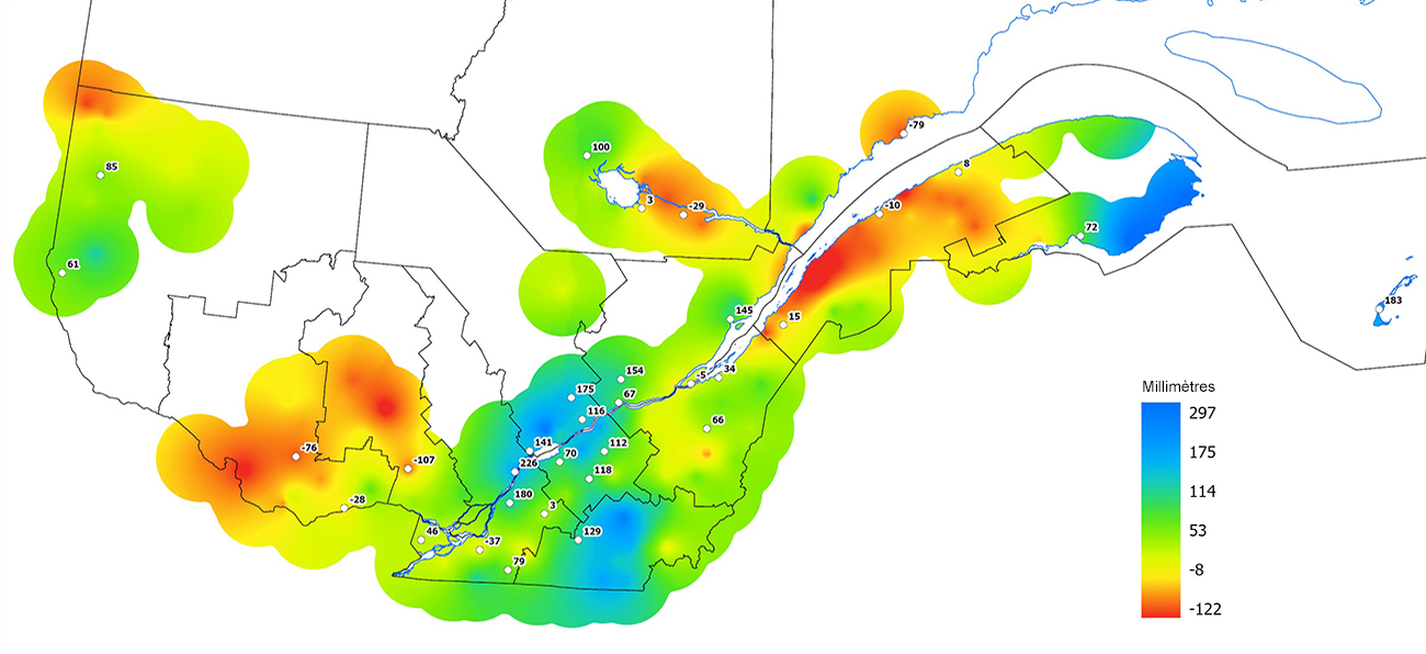 Ce graphique provient du site Agrométéo Québec. Il présente les précipitations (mm) à partir du premier avril. Pour obtenir des informations plus précises, visitez le site d'Agrométéo Québec à partir du lien suivant ce graphique.