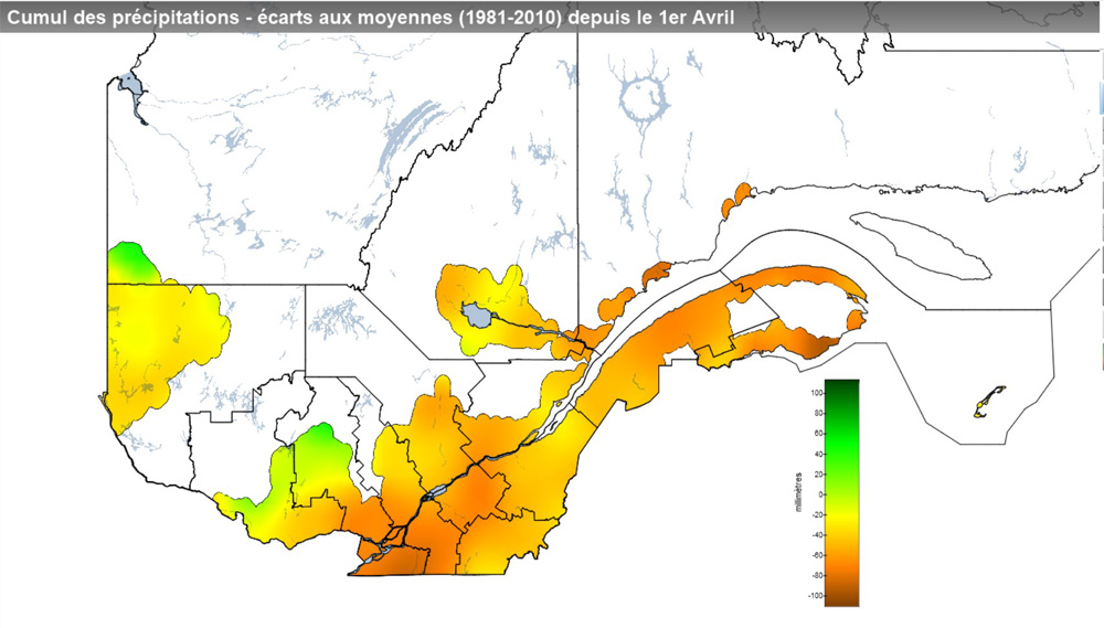 Ce graphique provient du site Agrométéo Québec. Il présente les précipitations (mm) à partir du premier avril. Pour obtenir des informations plus précises, visitez le site d'Agrométéo Québec à partir du lien suivant ce graphique.
