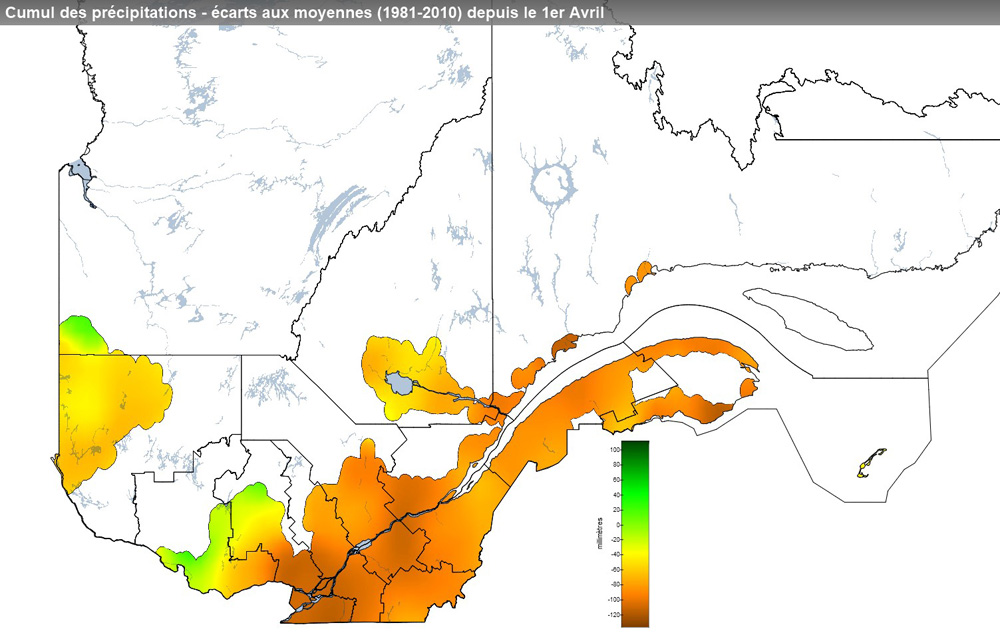 Ce graphique provient du site Agrométéo Québec. Il présente les précipitations (mm) à partir du premier avril. Pour obtenir des informations plus précises, visitez le site d'Agrométéo Québec à partir du lien suivant ce graphique.