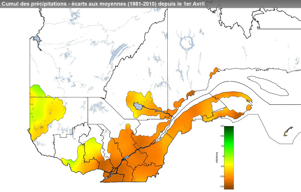 Ce graphique provient du site Agrométéo Québec. Il présente les précipitations (mm) à partir du premier avril. Pour obtenir des informations plus précises, visitez le site d'Agrométéo Québec à partir du lien suivant ce graphique.