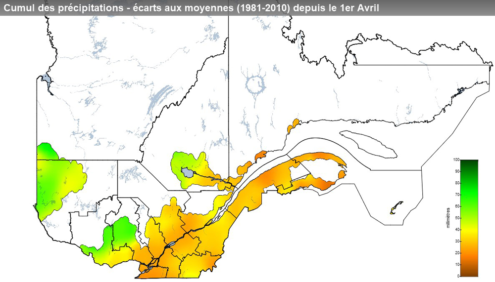 Ce graphique provient du site Agrométéo Québec. Il présente les précipitations (mm) à partir du premier avril. Pour obtenir des informations plus précises, visitez le site d'Agrométéo Québec à partir du lien suivant ce graphique.