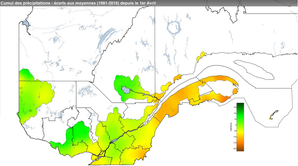 Ce graphique provient du site Agrométéo Québec. Il présente les précipitations (mm) à partir du premier avril. Pour obtenir des informations plus précises, visitez le site d'Agrométéo Québec à partir du lien suivant ce graphique.