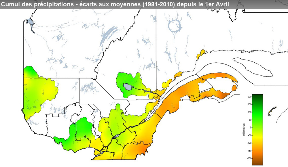 Ce graphique provient du site Agrométéo Québec. Il présente les précipitations (mm) à partir du premier avril. Pour obtenir des informations plus précises, visitez le site d'Agrométéo Québec à partir du lien suivant ce graphique.