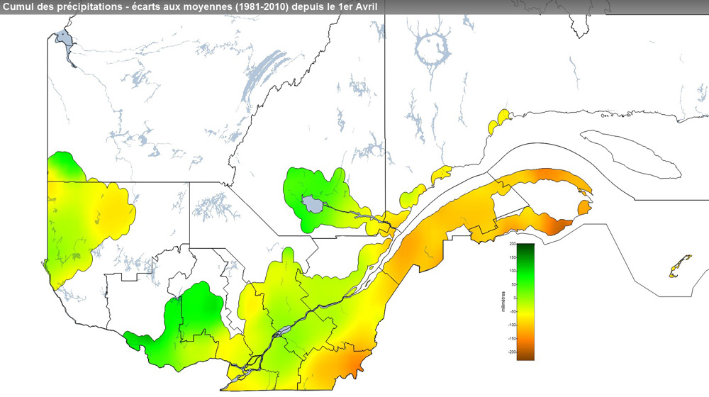 Ce graphique provient du site Agrométéo Québec. Il présente les précipitations (mm) à partir du premier avril. Pour obtenir des informations plus précises, visitez le site d'Agrométéo Québec à partir du lien suivant ce graphique.