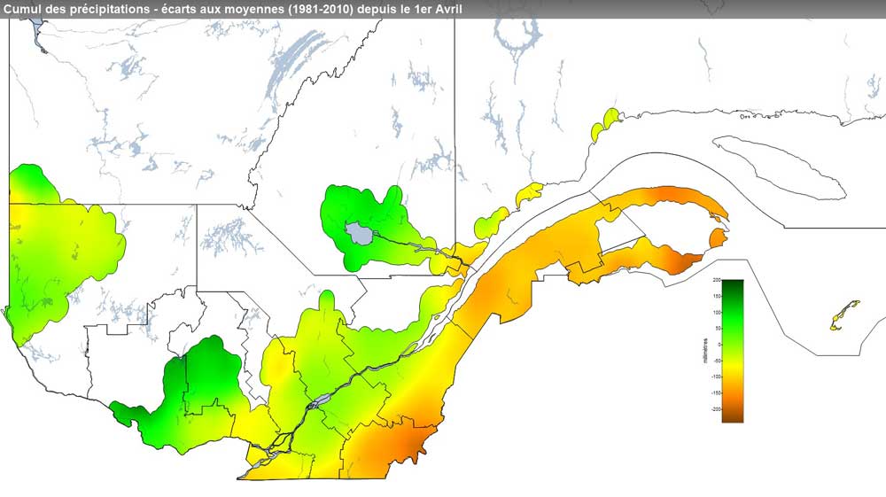 Ce graphique provient du site Agrométéo Québec. Il présente les précipitations (mm) à partir du premier avril. Pour obtenir des informations plus précises, visitez le site d'Agrométéo Québec à partir du lien suivant ce graphique.