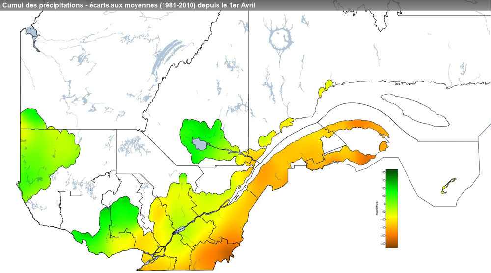 Ce graphique provient du site Agrométéo Québec. Il présente les précipitations (mm) à partir du premier avril. Pour obtenir des informations plus précises, visitez le site d'Agrométéo Québec à partir du lien suivant ce graphique.