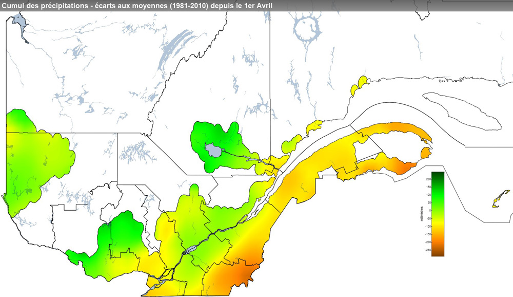 Ce graphique provient du site Agrométéo Québec. Il présente les précipitations (mm) à partir du premier avril. Pour obtenir des informations plus précises, visitez le site d'Agrométéo Québec à partir du lien suivant ce graphique.