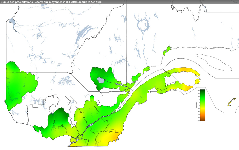 Ce graphique provient du site Agrométéo Québec. Il présente les précipitations (mm) à partir du premier avril. Pour obtenir des informations plus précises, visitez le site d'Agrométéo Québec à partir du lien suivant ce graphique.