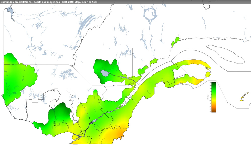 Ce graphique provient du site Agrométéo Québec. Il présente les précipitations (mm) à partir du premier avril. Pour obtenir des informations plus précises, visitez le site d'Agrométéo Québec à partir du lien suivant ce graphique.