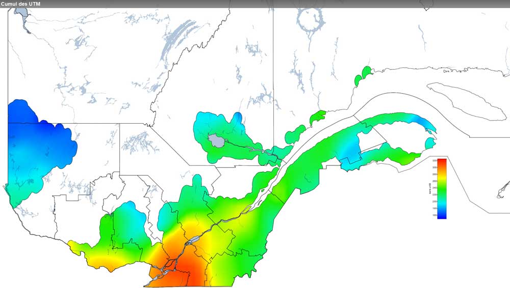 Ce graphique provient du site Agrométéo Québec. Il présente la cumulation des unités thermiques maïs (UTM) à partir du 15 mai. Pour obtenir des informations plus précises, visitez le site d'Agrométéo Québec à partir du lien suivant ce graphique.