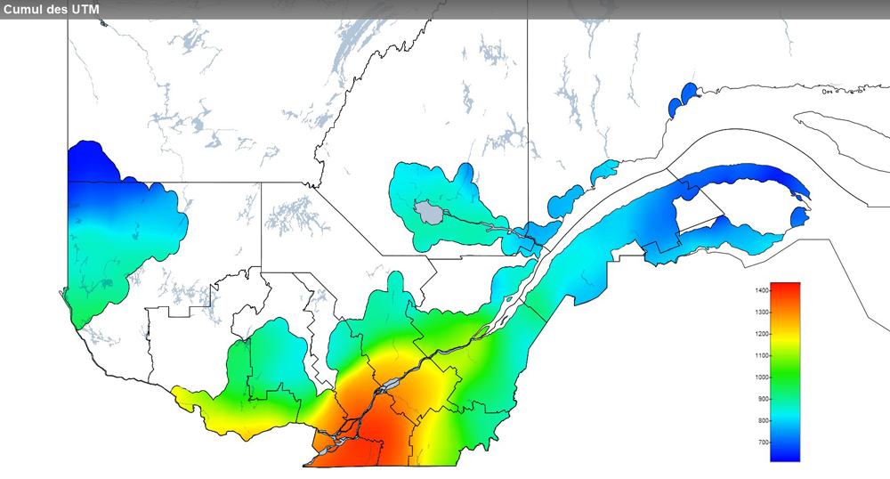 Ce graphique provient du site Agrométéo Québec. Il présente la cumulation des unités thermiques maïs (UTM) à partir du 15 mai. Pour obtenir des informations plus précises, visitez le site d'Agrométéo Québec à partir du lien suivant ce graphique.