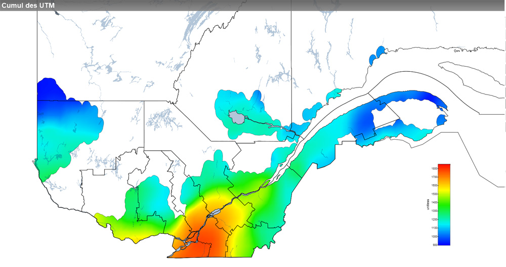 Ce graphique provient du site Agrométéo Québec. Il présente la cumulation des unités thermiques maïs (UTM) à partir du 15 mai. Pour obtenir des informations plus précises, visitez le site d'Agrométéo Québec à partir du lien suivant ce graphique.