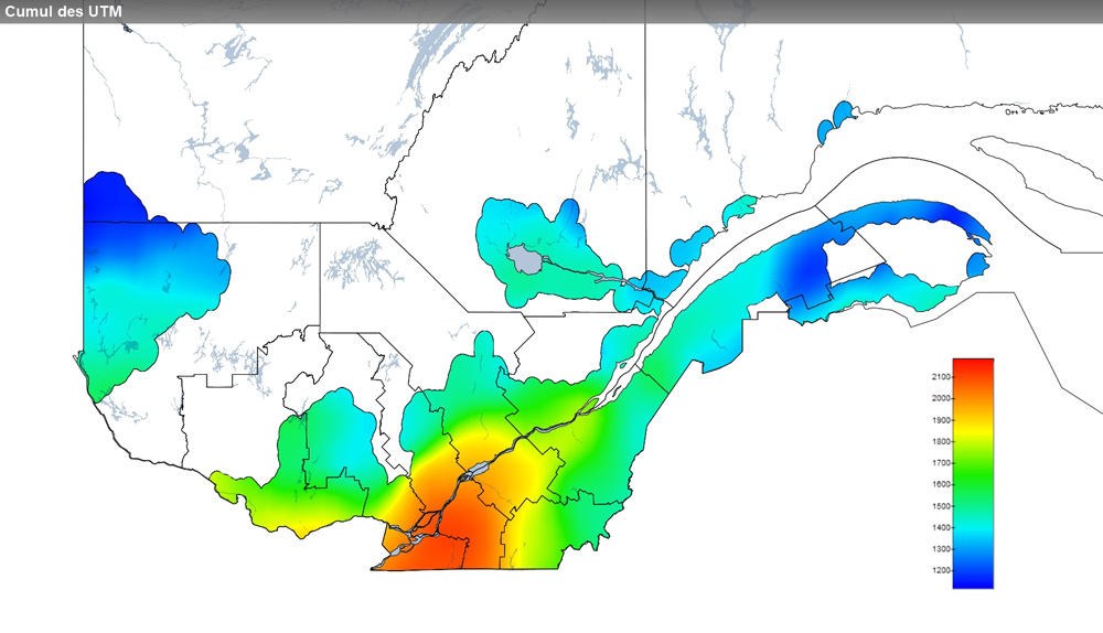 Ce graphique provient du site Agrométéo Québec. Il présente la cumulation des unités thermiques maïs (UTM) à partir du 15 mai. Pour obtenir des informations plus précises, visitez le site d'Agrométéo Québec à partir du lien suivant ce graphique.