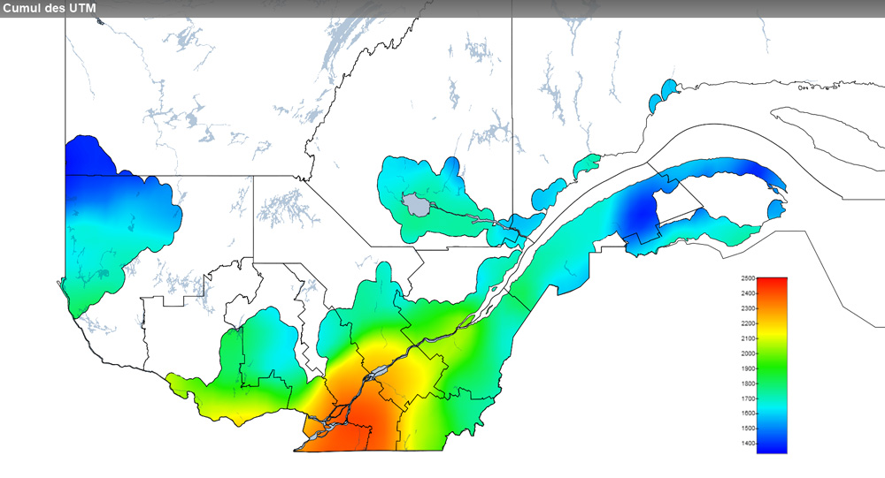 Ce graphique provient du site Agrométéo Québec. Il présente la cumulation des unités thermiques maïs (UTM) à partir du 15 mai. Pour obtenir des informations plus précises, visitez le site d'Agrométéo Québec à partir du lien suivant ce graphique.