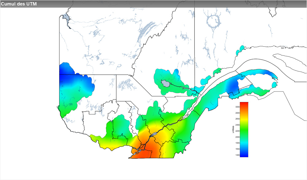 Ce graphique provient du site Agrométéo Québec. Il présente la cumulation des unités thermiques maïs (UTM) à partir du 15 mai. Pour obtenir des informations plus précises, visitez le site d'Agrométéo Québec à partir du lien suivant ce graphique.