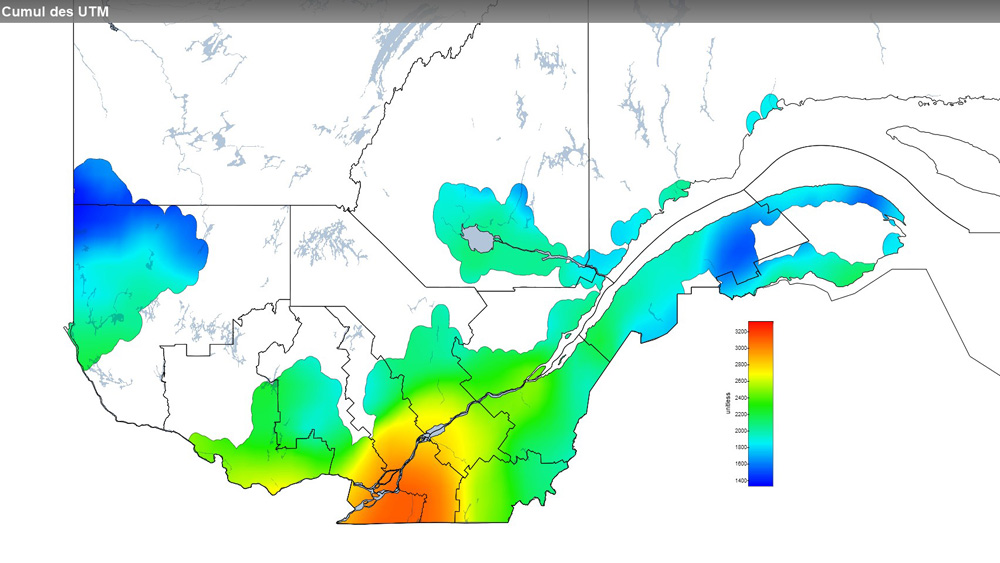 Ce graphique provient du site Agrométéo Québec. Il présente la cumulation des unités thermiques maïs (UTM) à partir du 15 mai. Pour obtenir des informations plus précises, visitez le site d'Agrométéo Québec à partir du lien suivant ce graphique.