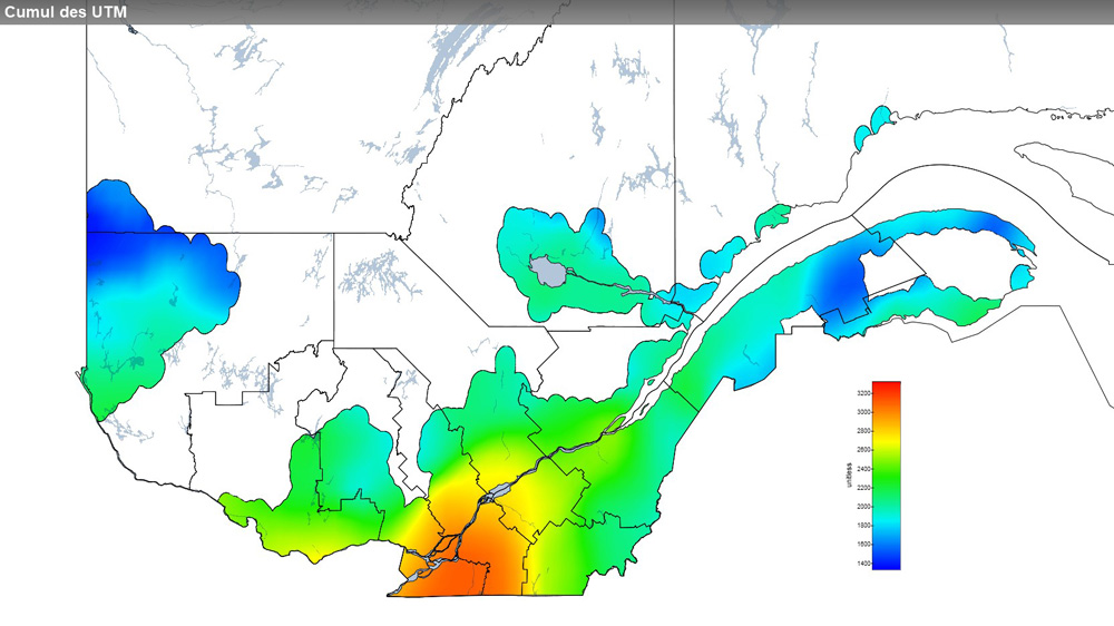 Ce graphique provient du site Agrométéo Québec. Il présente la cumulation des unités thermiques maïs (UTM) à partir du 15 mai. Pour obtenir des informations plus précises, visitez le site d'Agrométéo Québec à partir du lien suivant ce graphique.