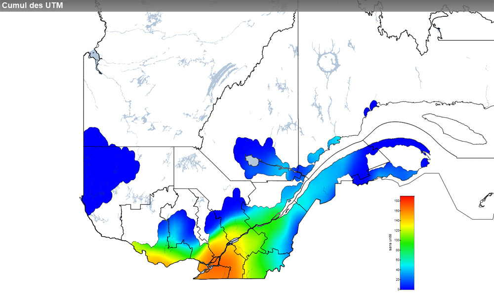 Ce graphique provient du site Agrométéo Québec. Il présente la cumulation des unités thermiques maïs (UTM) à partir du 15 mai. Pour obtenir des informations plus précises, visitez le site d'Agrométéo Québec à partir du lien suivant ce graphique.