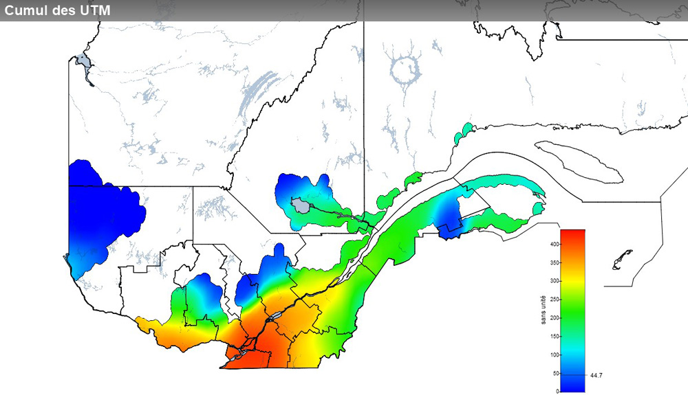 Ce graphique provient du site Agrométéo Québec. Il présente la cumulation des unités thermiques maïs (UTM) à partir du 15 mai. Pour obtenir des informations plus précises, visitez le site d'Agrométéo Québec à partir du lien suivant ce graphique.