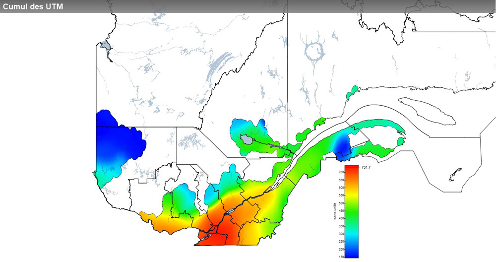 Ce graphique provient du site Agrométéo Québec. Il présente la cumulation des unités thermiques maïs (UTM) à partir du 15 mai. Pour obtenir des informations plus précises, visitez le site d'Agrométéo Québec à partir du lien suivant ce graphique.