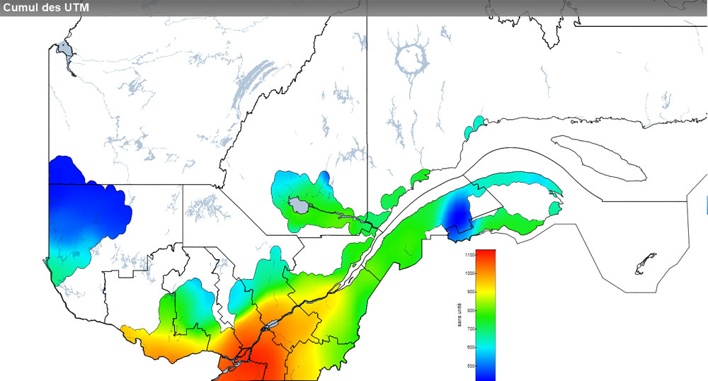 Ce graphique provient du site Agrométéo Québec. Il présente la cumulation des unités thermiques maïs (UTM) à partir du 15 mai. Pour obtenir des informations plus précises, visitez le site d'Agrométéo Québec à partir du lien suivant ce graphique.