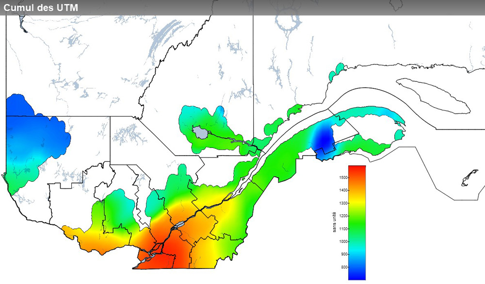 Ce graphique provient du site Agrométéo Québec. Il présente la cumulation des unités thermiques maïs (UTM) à partir du 15 mai. Pour obtenir des informations plus précises, visitez le site d'Agrométéo Québec à partir du lien suivant ce graphique.