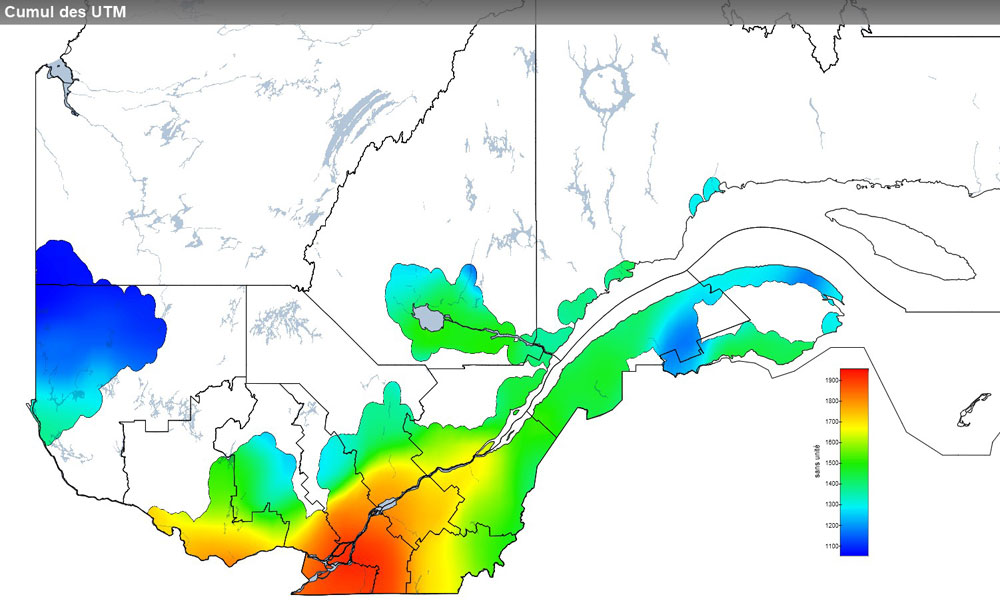 Ce graphique provient du site Agrométéo Québec. Il présente la cumulation des unités thermiques maïs (UTM) à partir du 15 mai. Pour obtenir des informations plus précises, visitez le site d'Agrométéo Québec à partir du lien suivant ce graphique.