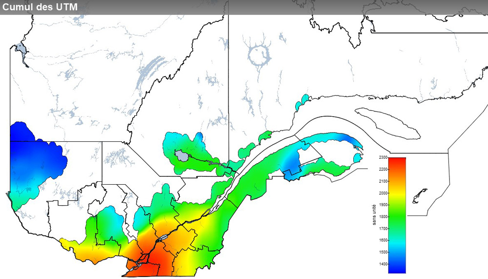 Ce graphique provient du site Agrométéo Québec. Il présente la cumulation des unités thermiques maïs (UTM) à partir du 15 mai. Pour obtenir des informations plus précises, visitez le site d'Agrométéo Québec à partir du lien suivant ce graphique.