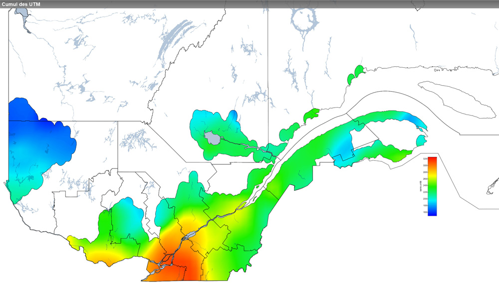 Ce graphique provient du site Agrométéo Québec. Il présente la cumulation des unités thermiques maïs (UTM) à partir du 15 mai. Pour obtenir des informations plus précises, visitez le site d'Agrométéo Québec à partir du lien suivant ce graphique.