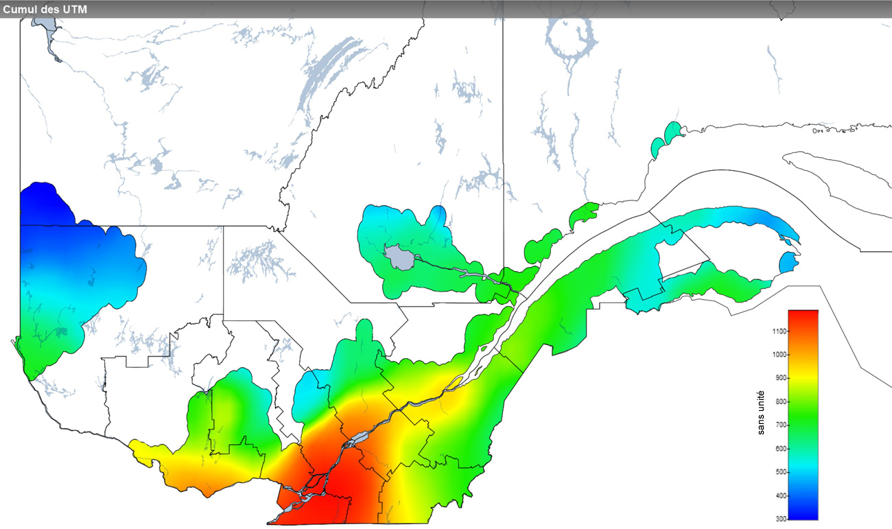 Ce graphique provient du site Agrométéo Québec. Il présente la cumulation des unités thermiques maïs (UTM) à partir du 15 mai. Pour obtenir des informations plus précises, visitez le site d'Agrométéo Québec à partir du lien suivant ce graphique.