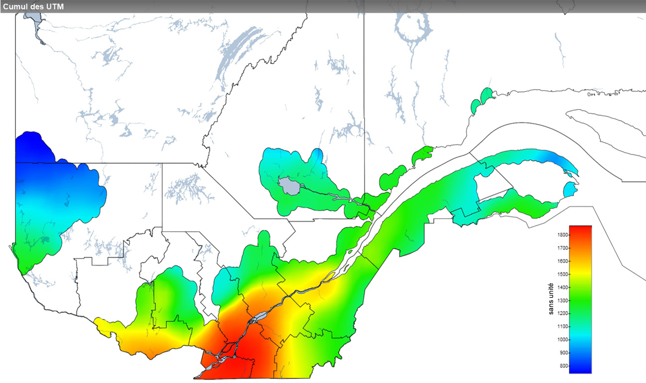 Ce graphique provient du site Agrométéo Québec. Il présente la cumulation des unités thermiques maïs (UTM) à partir du 15 mai. Pour obtenir des informations plus précises, visitez le site d'Agrométéo Québec à partir du lien suivant ce graphique.