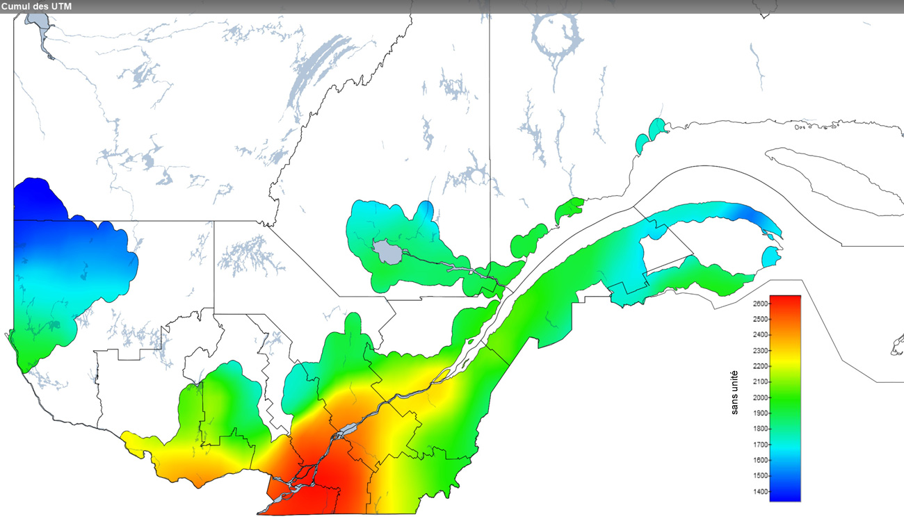 Ce graphique provient du site Agrométéo Québec. Il présente la cumulation des unités thermiques maïs (UTM) à partir du 15 mai. Pour obtenir des informations plus précises, visitez le site d'Agrométéo Québec à partir du lien suivant ce graphique.