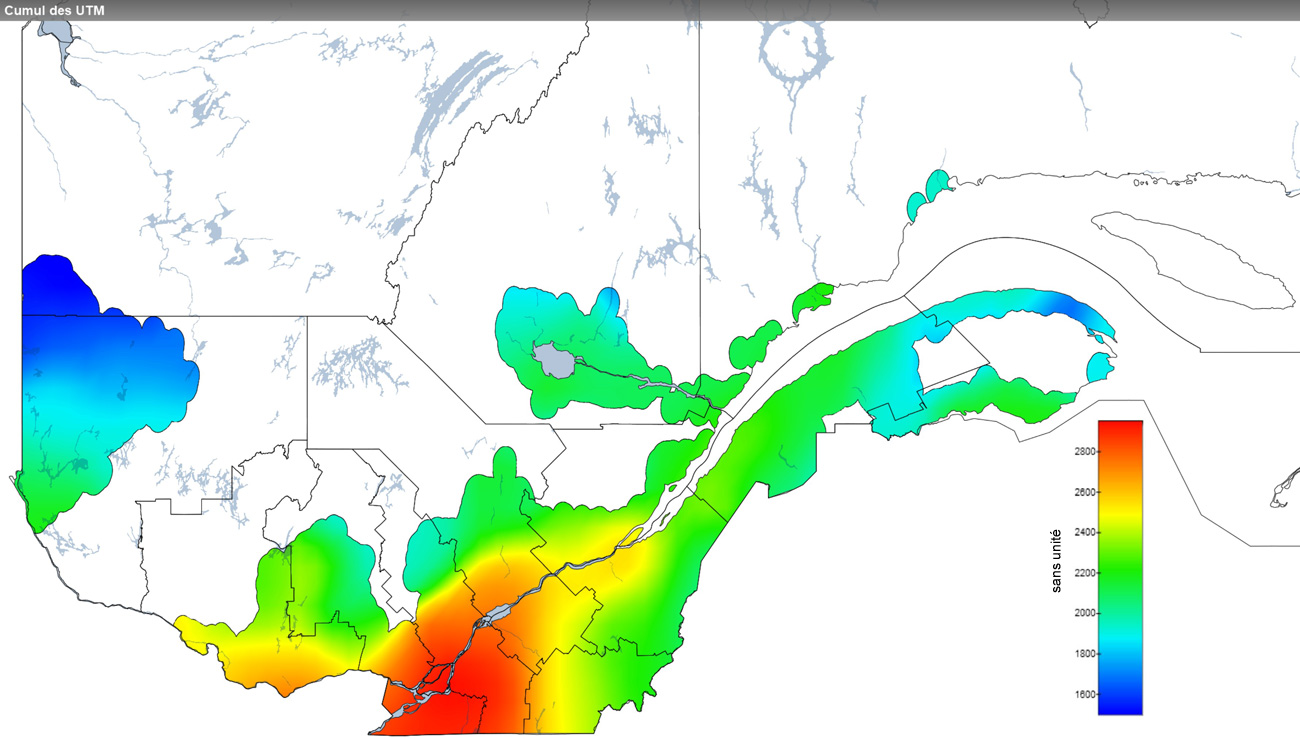 Ce graphique provient du site Agrométéo Québec. Il présente la cumulation des unités thermiques maïs (UTM) à partir du 15 mai. Pour obtenir des informations plus précises, visitez le site d'Agrométéo Québec à partir du lien suivant ce graphique.