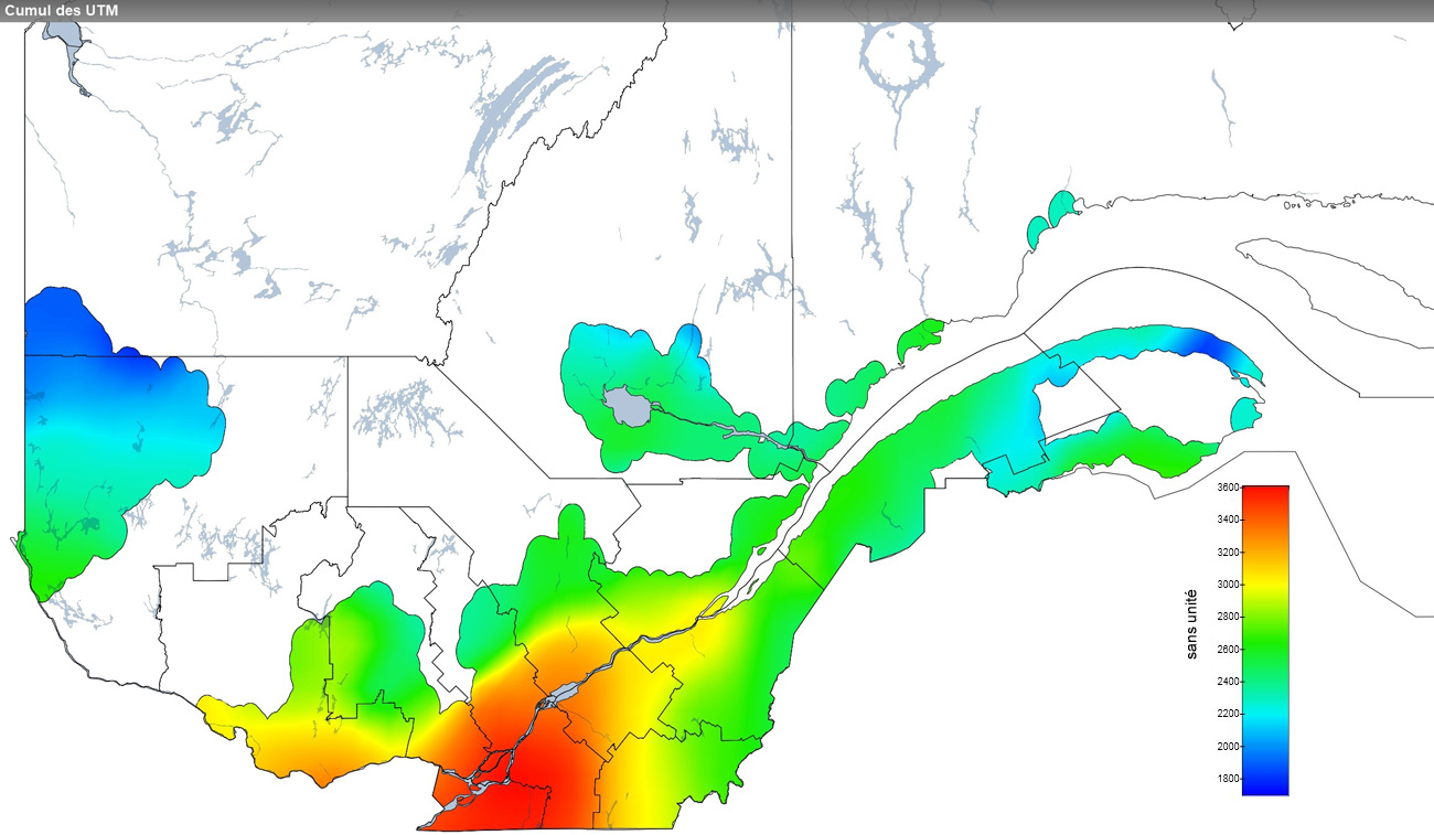 Ce graphique provient du site Agrométéo Québec. Il présente la cumulation des unités thermiques maïs (UTM) à partir du 15 mai pour l'année 2021. Pour obtenir des informations plus précises, visitez le site d'Agrométéo Québec à partir du lien suivant ce graphique.