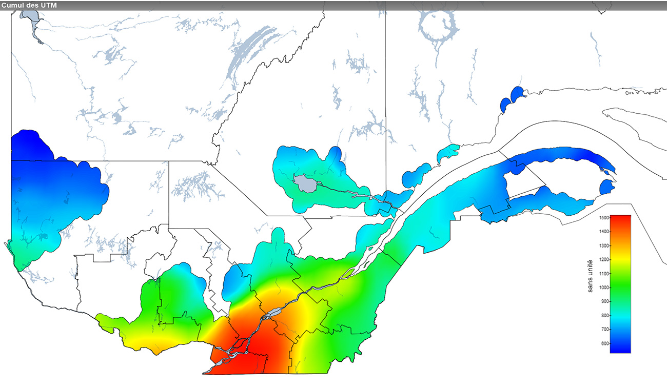 Ce graphique provient du site Agrométéo Québec. Il présente la cumulation des unités thermiques maïs (UTM) à partir du 15 mai. Pour obtenir des informations plus précises, visitez le site d'Agrométéo Québec à partir du lien suivant ce graphique.