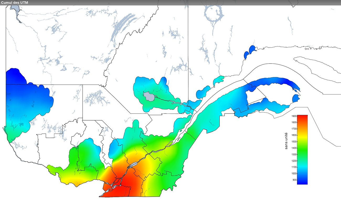 Ce graphique provient du site Agrométéo Québec. Il présente la cumulation des unités thermiques maïs (UTM) à partir du 15 mai. Pour obtenir des informations plus précises, visitez le site d'Agrométéo Québec à partir du lien suivant ce graphique.