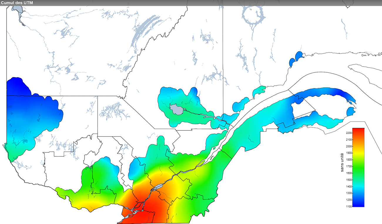 Ce graphique provient du site Agrométéo Québec. Il présente la cumulation des unités thermiques maïs (UTM) à partir du 15 mai. Pour obtenir des informations plus précises, visitez le site d'Agrométéo Québec à partir du lien suivant ce graphique.