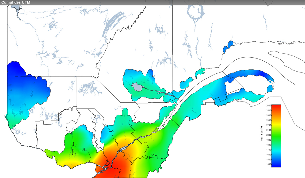 Ce graphique provient du site Agrométéo Québec. Il présente la cumulation des unités thermiques maïs (UTM) à partir du 15 mai. Pour obtenir des informations plus précises, visitez le site d'Agrométéo Québec à partir du lien suivant ce graphique.