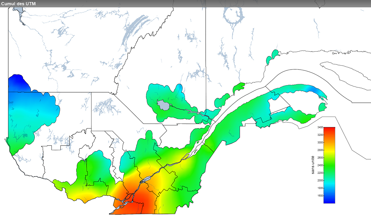 Ce graphique provient du site Agrométéo Québec. Il présente la cumulation des unités thermiques maïs (UTM) à partir du 15 mai. Pour obtenir des informations plus précises, visitez le site d'Agrométéo Québec à partir du lien suivant ce graphique.