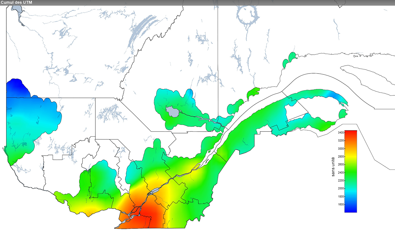 Ce graphique provient du site Agrométéo Québec. Il présente la cumulation des unités thermiques maïs (UTM) à partir du 15 mai. Pour obtenir des informations plus précises, visitez le site d'Agrométéo Québec à partir du lien suivant ce graphique.