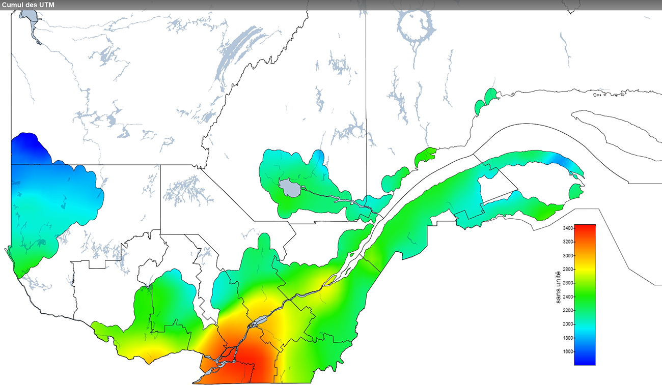 Ce graphique provient du site Agrométéo Québec. Il présente la cumulation des unités thermiques maïs (UTM) à partir du 15 mai. Pour obtenir des informations plus précises, visitez le site d'Agrométéo Québec à partir du lien suivant ce graphique.