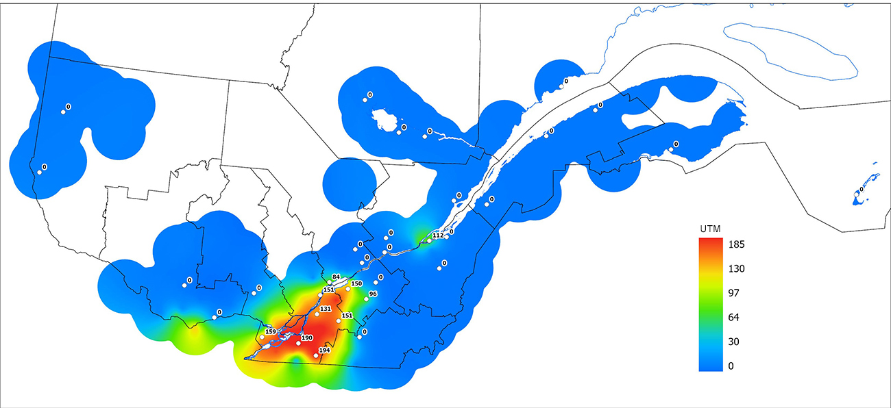 Ce graphique provient du site Agrométéo Québec. Il présente la cumulation des unités thermiques maïs (UTM) à partir du 15 mai 2023. Pour obtenir des informations plus précises, visitez le site d'Agrométéo Québec à partir du lien suivant ce graphique.