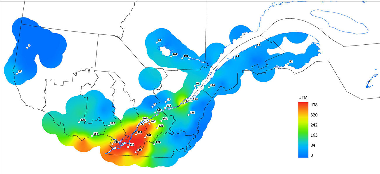 Ce graphique provient du site Agrométéo Québec. Il présente la cumulation des unités thermiques maïs (UTM) à partir du 15 mai 2023. Pour obtenir des informations plus précises, visitez le site d'Agrométéo Québec à partir du lien suivant ce graphique.