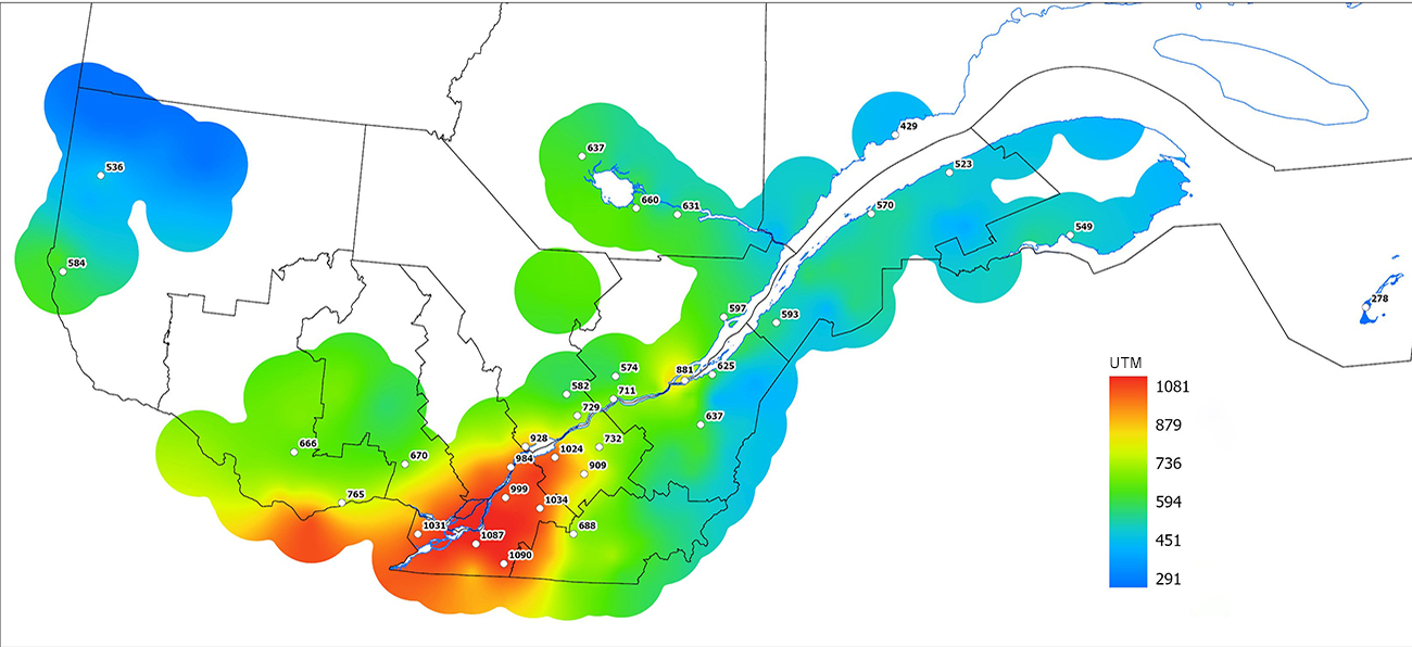 Ce graphique provient du site Agrométéo Québec. Il présente la cumulation des unités thermiques maïs (UTM) à partir du 15 mai 2023. Pour obtenir des informations plus précises, visitez le site d'Agrométéo Québec à partir du lien suivant ce graphique.