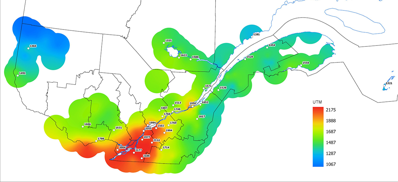 Ce graphique provient du site Agrométéo Québec. Il présente la cumulation des unités thermiques maïs (UTM) à partir du 15 mai 2023. Pour obtenir des informations plus précises, visitez le site d'Agrométéo Québec à partir du lien suivant ce graphique.